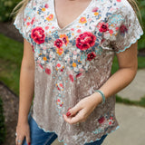 Oyster Velvet Embroidered V Neck Blouse