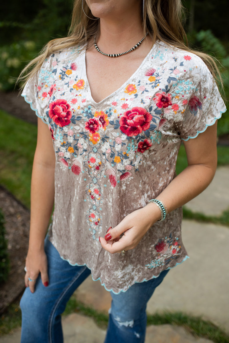 Oyster Velvet Embroidered V Neck Blouse