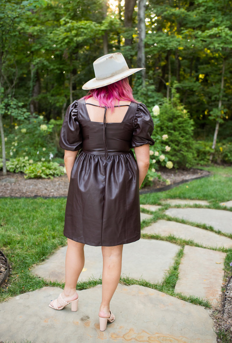 Chocolate Faux Leather Puff Sleeve Dress