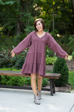 Mauve Smocked V Neck Tiered Dress