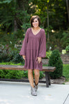 Mauve Smocked V Neck Tiered Dress