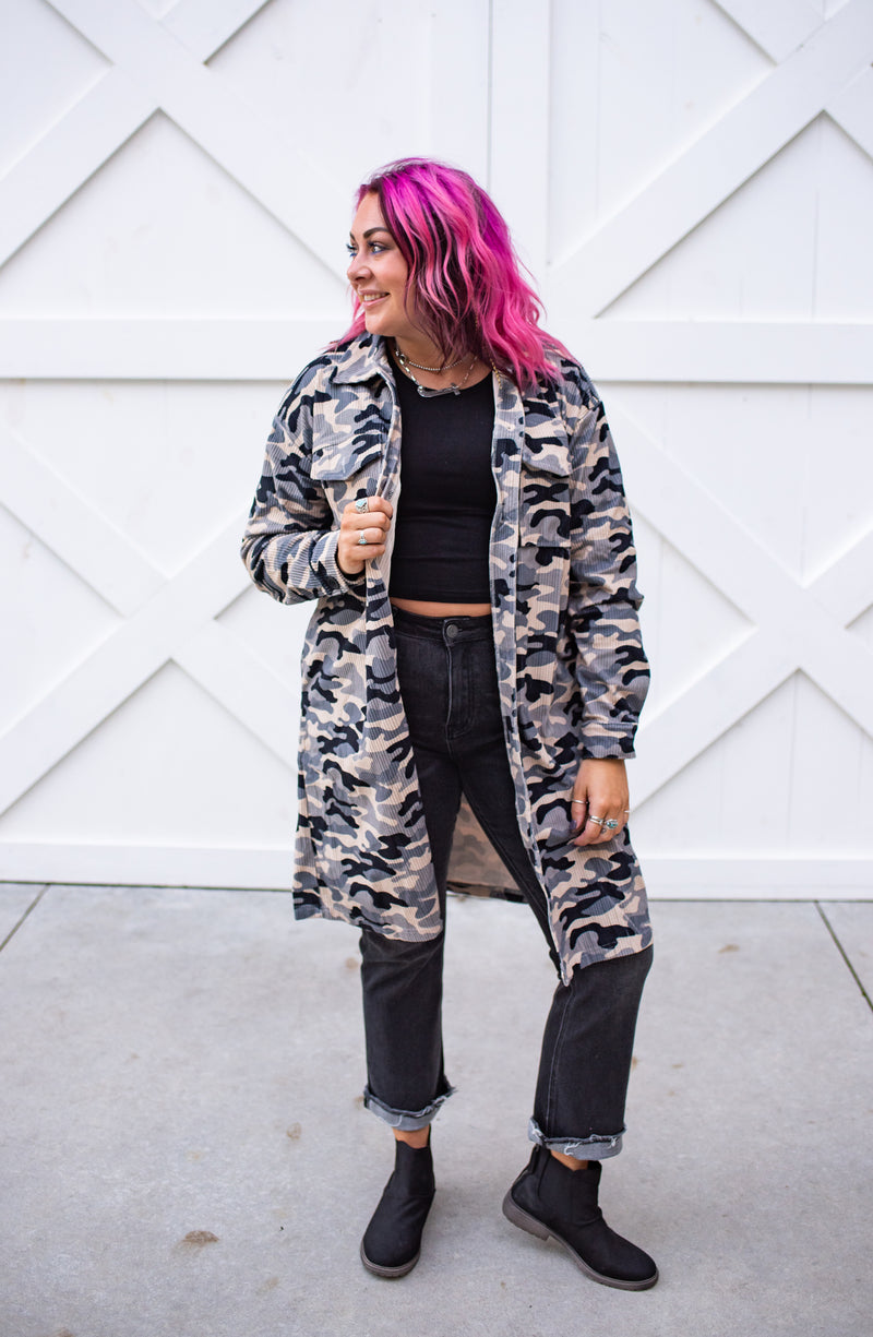 Grey Camo Long Corduroy Shacket
