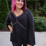 Black Washed Long Sleeve with Rivets V Neck