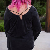 Black Washed Long Sleeve with Rivets V Neck