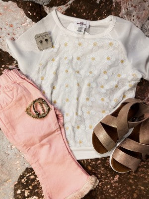 Sequin Daisy White Top
